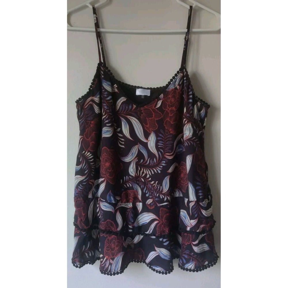 Ecru Black/Blue/Red Sleeveless‎ Camisole Layered Top Size Small Pom Pom Trim